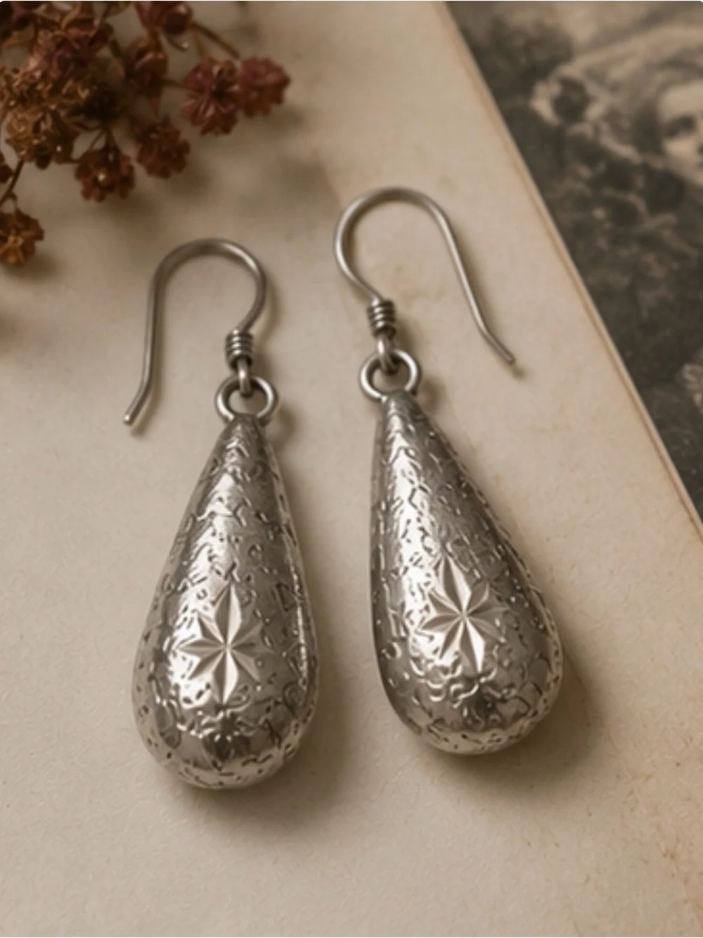 Vintage Silver Teardrop Earrings with Star Engraving
